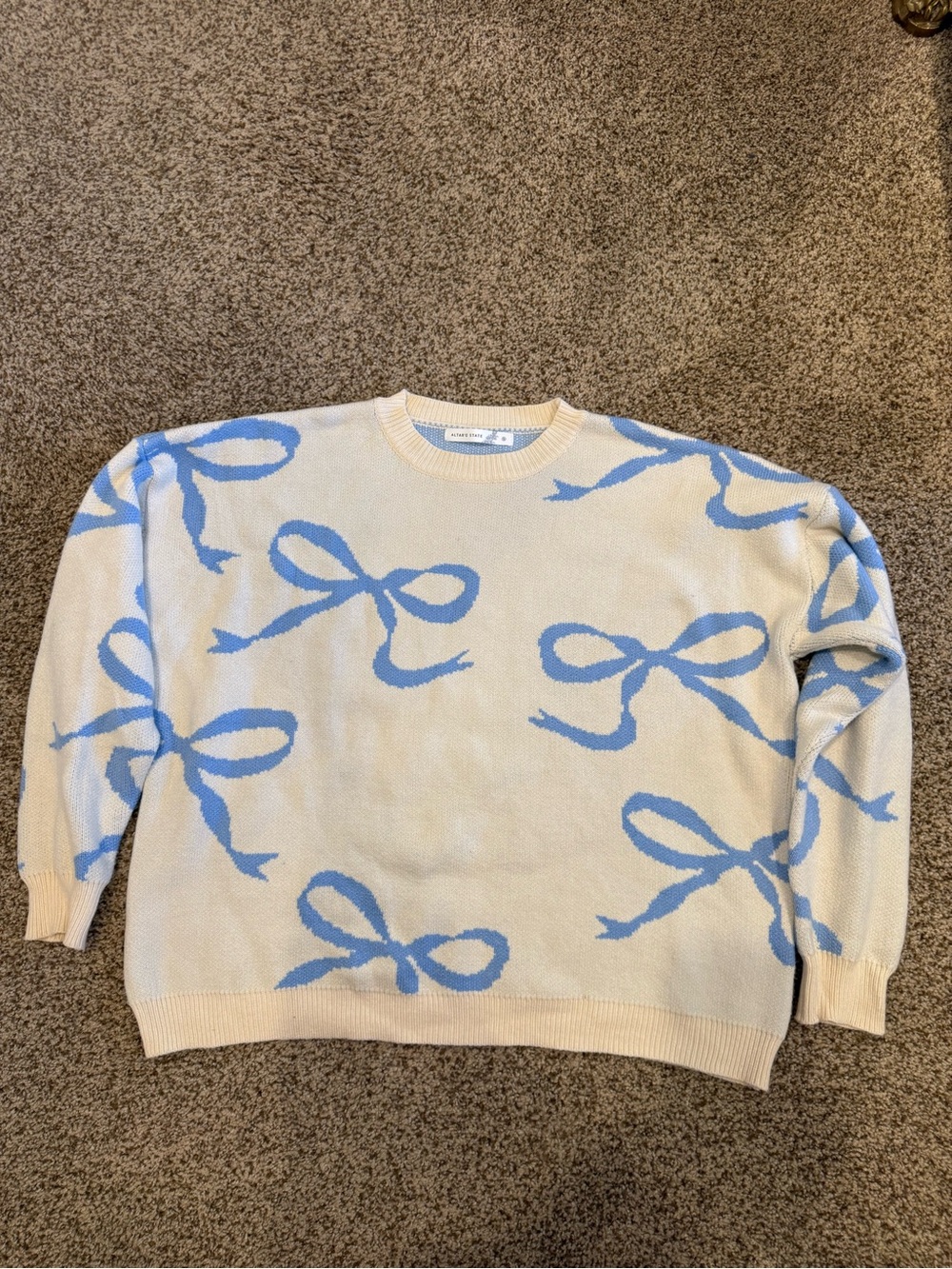 Altar'd State Cream Crewneck Sweater with Blue Bow Motif